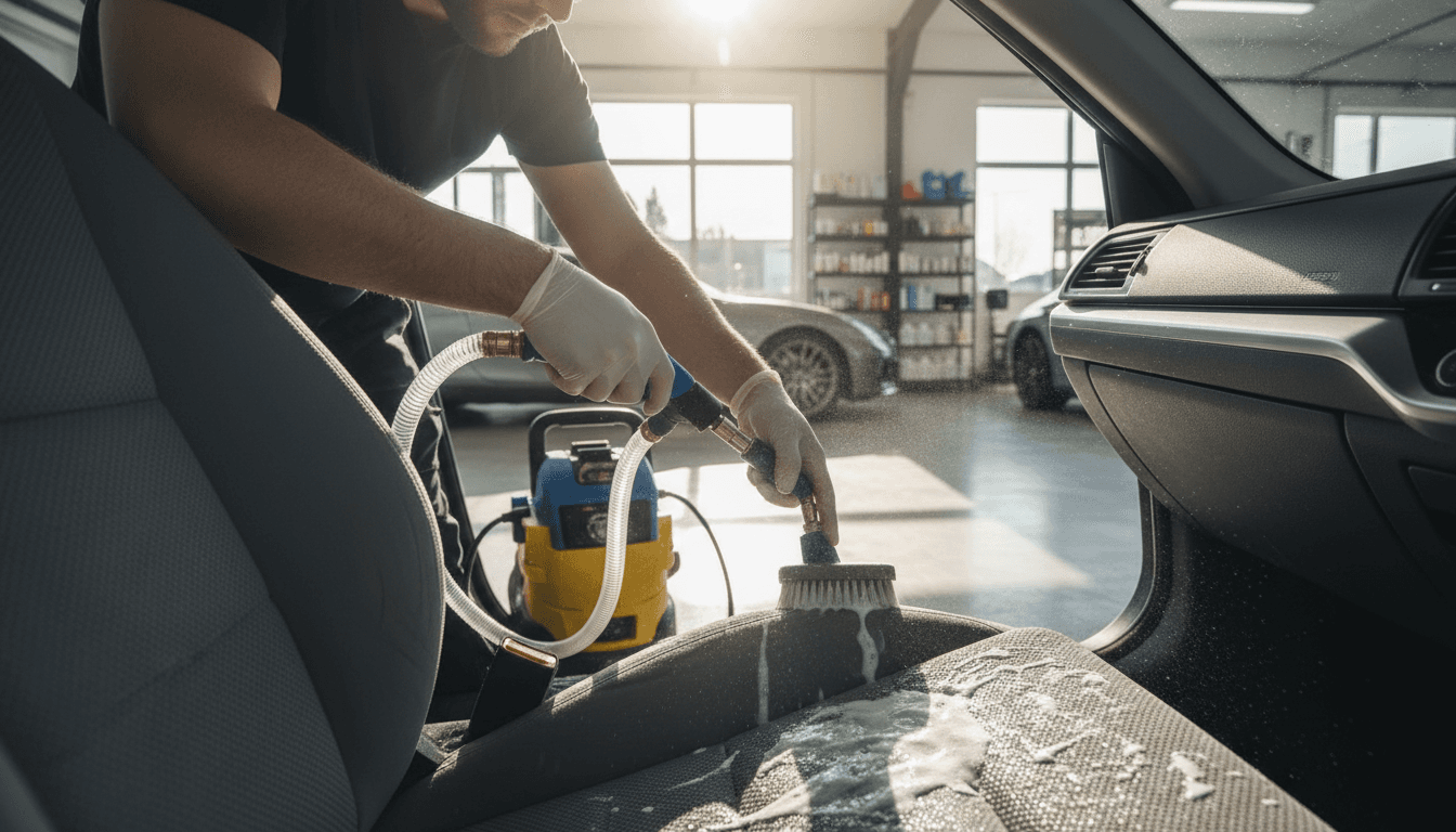Professional interior seat shampooing service in progress