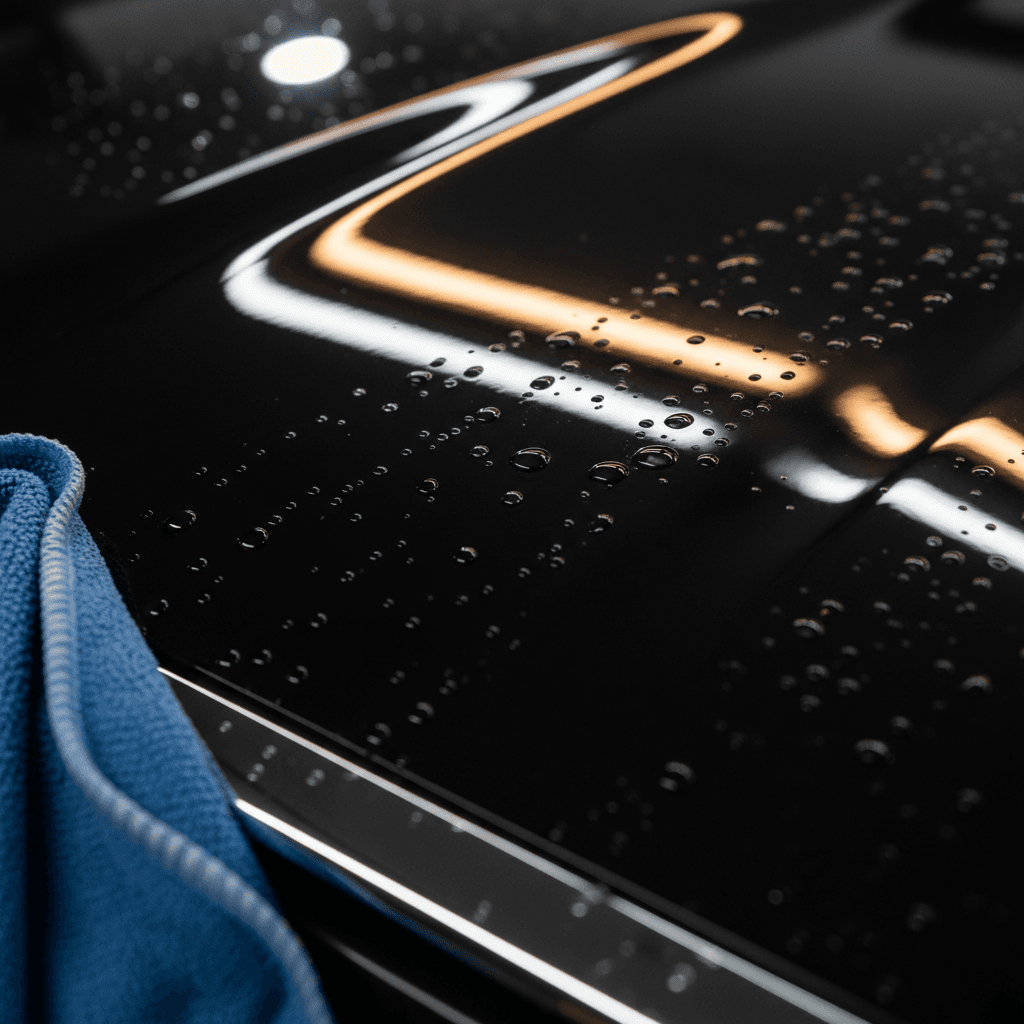 Polished car hood with water beads reflecting light