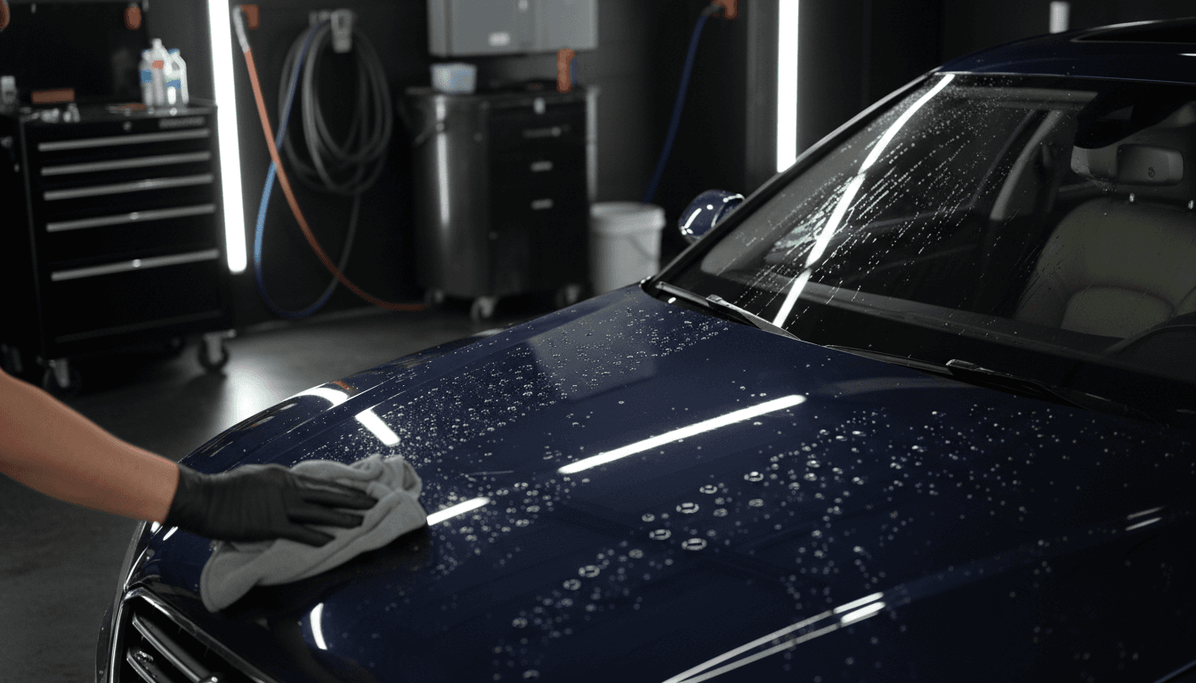 Professional car detailer polishing a gleaming vehicle in a modern detailing bay