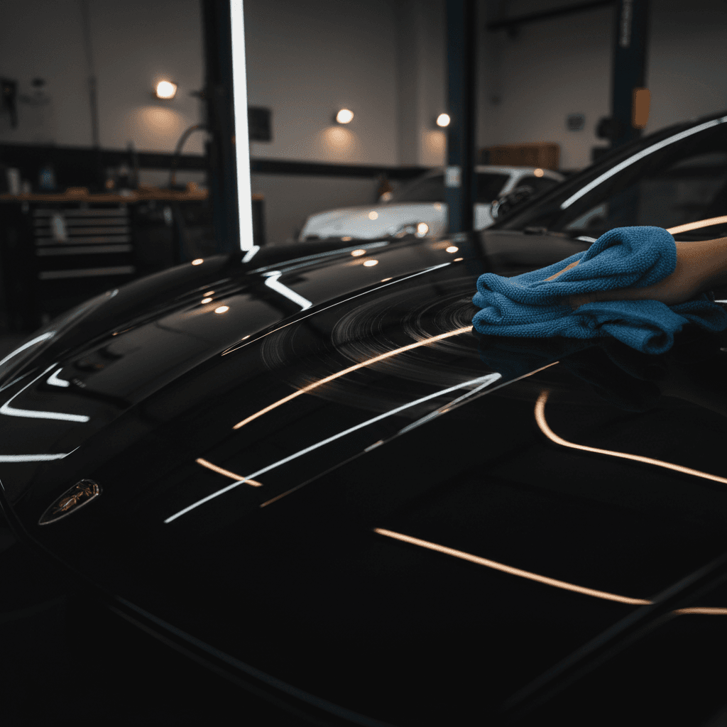 Close-up of polishing a car hood with microfiber cloth