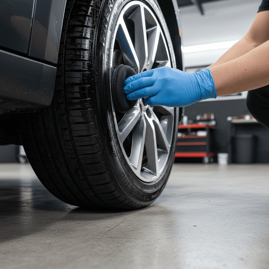 Expert tire waxing and protective shine application