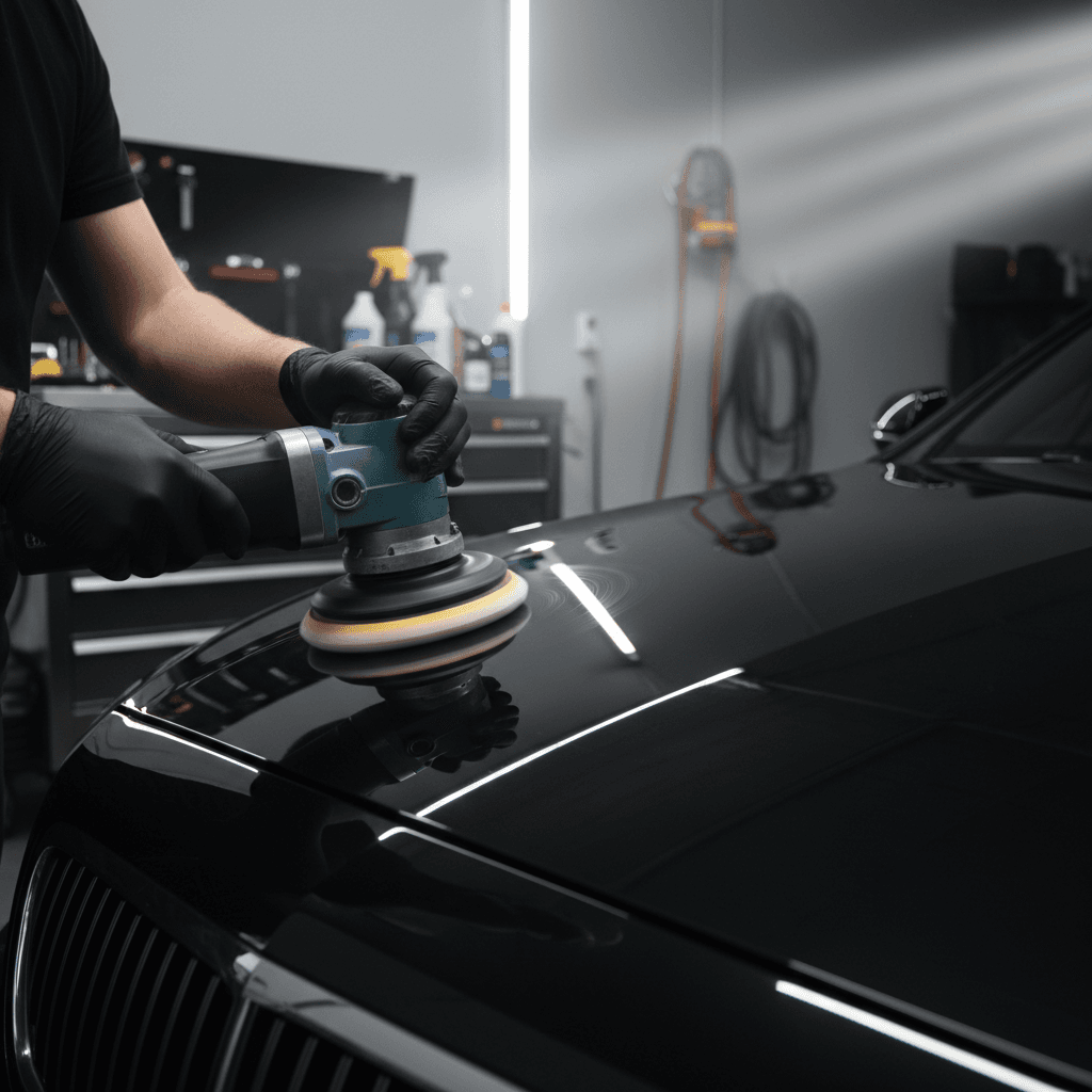 Professional detailer polishing the hood of a luxury vehicle under bright spotlights in a modern detailing bay