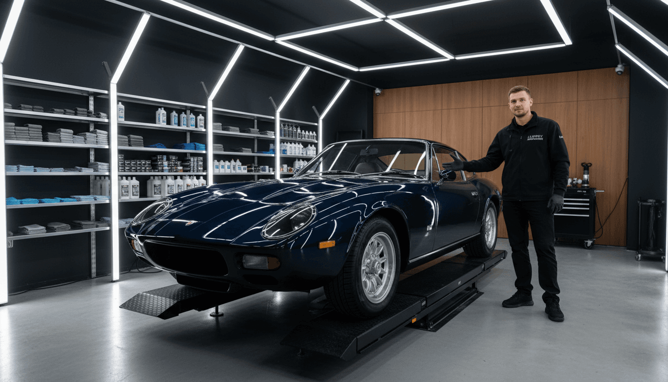 Precision Detailing technician standing beside a freshly detailed car