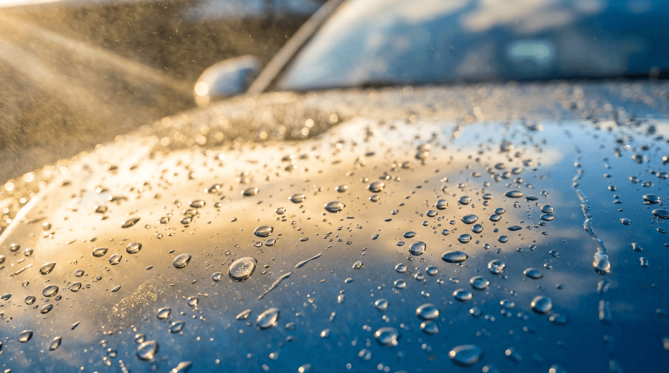 Freshly detailed car hood with gleaming polished paint and water beads under professional lighting