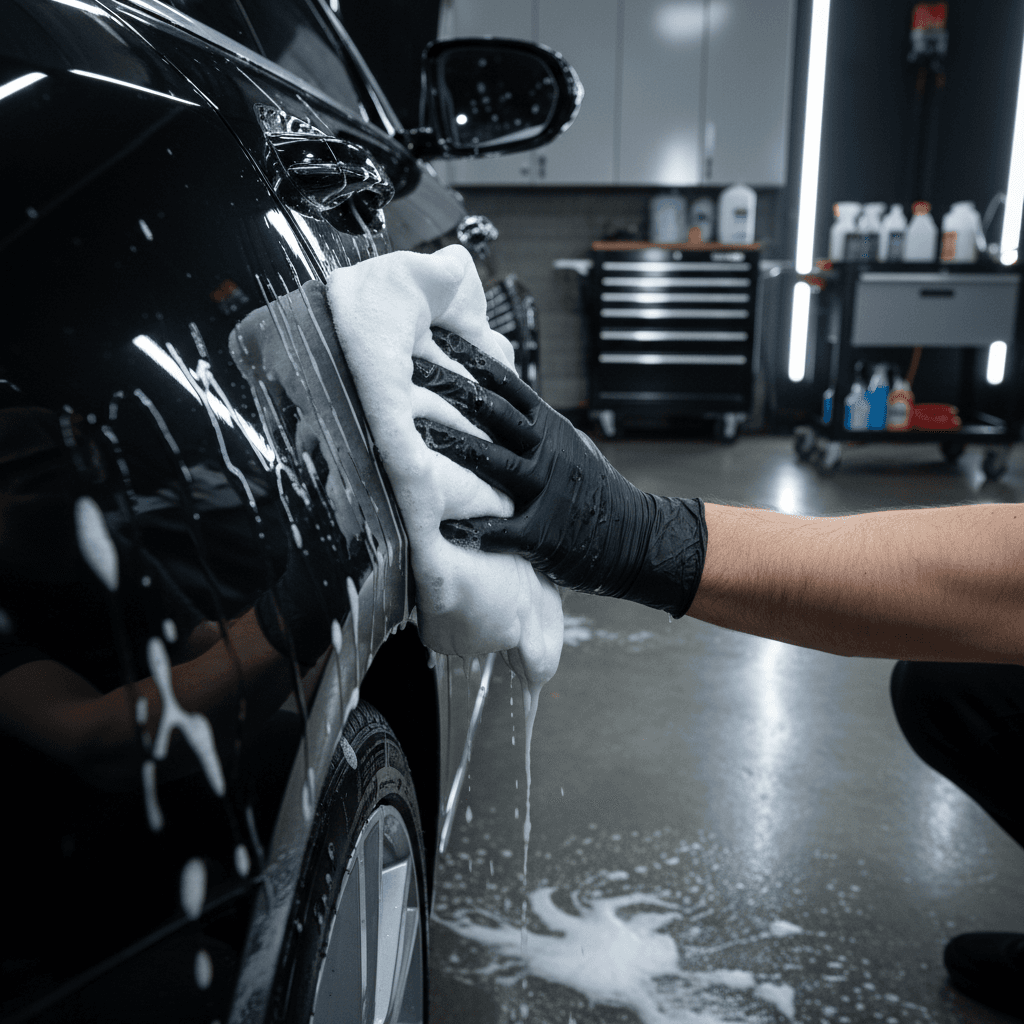 Professional hand washing technique on vehicle exterior