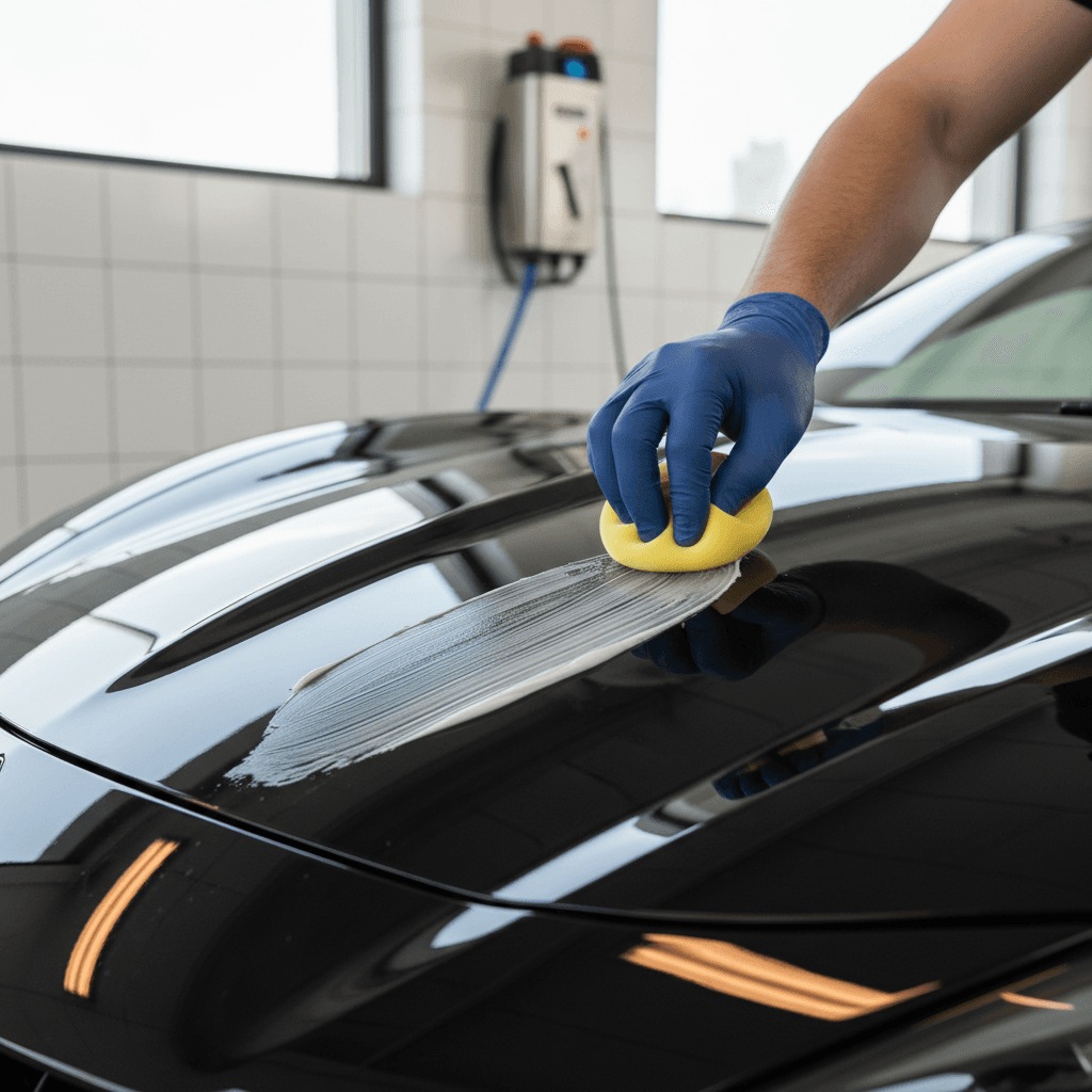 Detailer applying tire wax with precision
