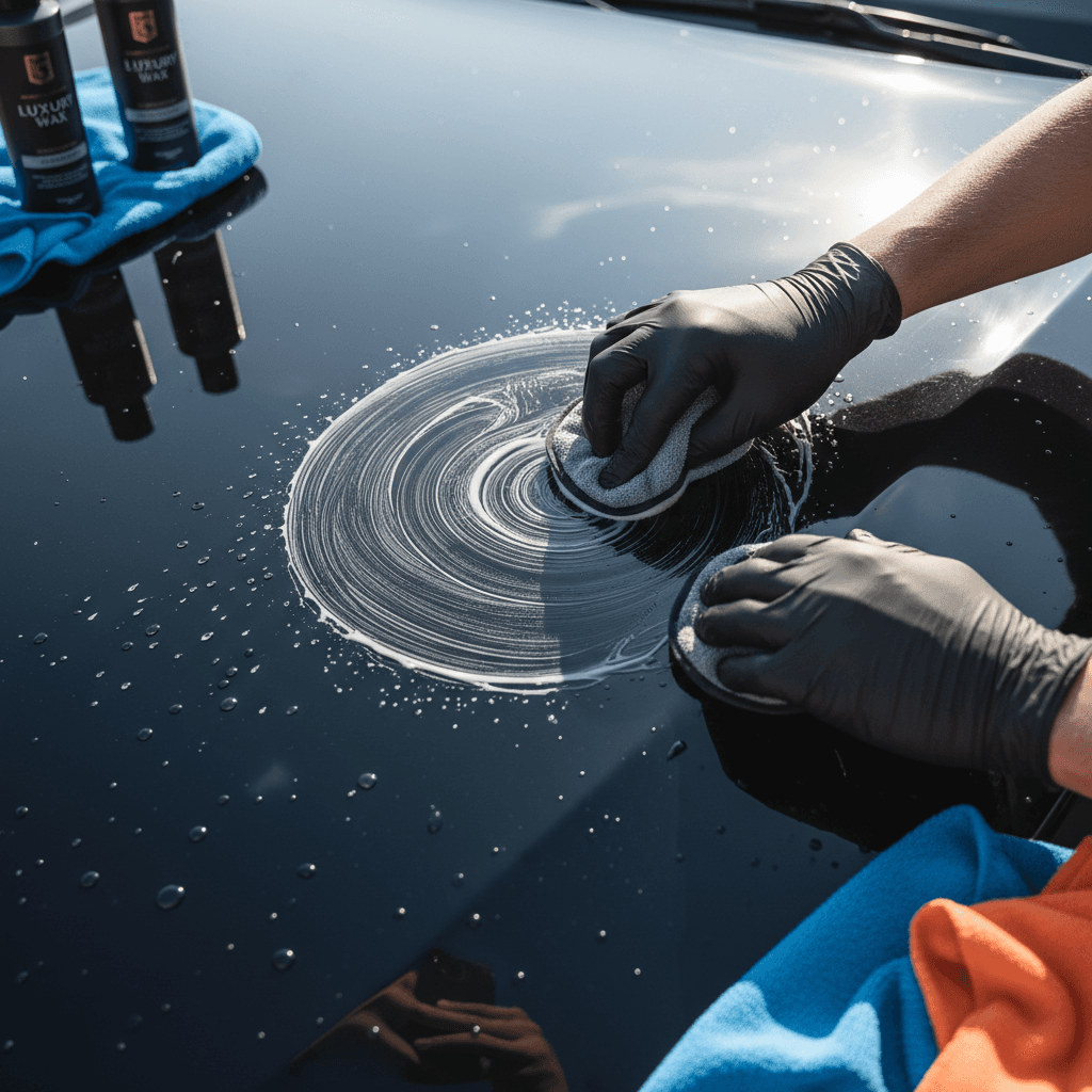 Precision Detailing technician buffing a car with microfiber cloth
